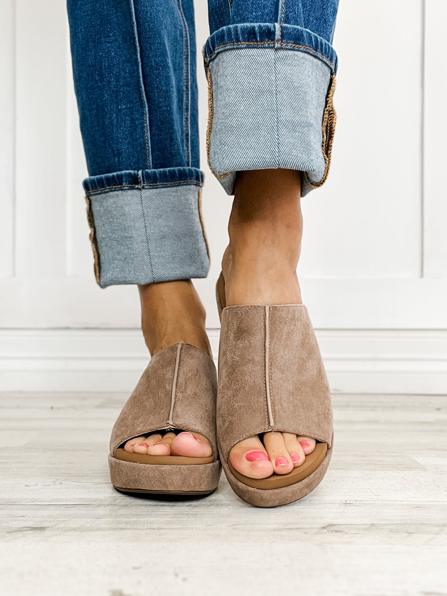 Corkys Here For It Open Toe Wedges in Light Grey Faux Suede