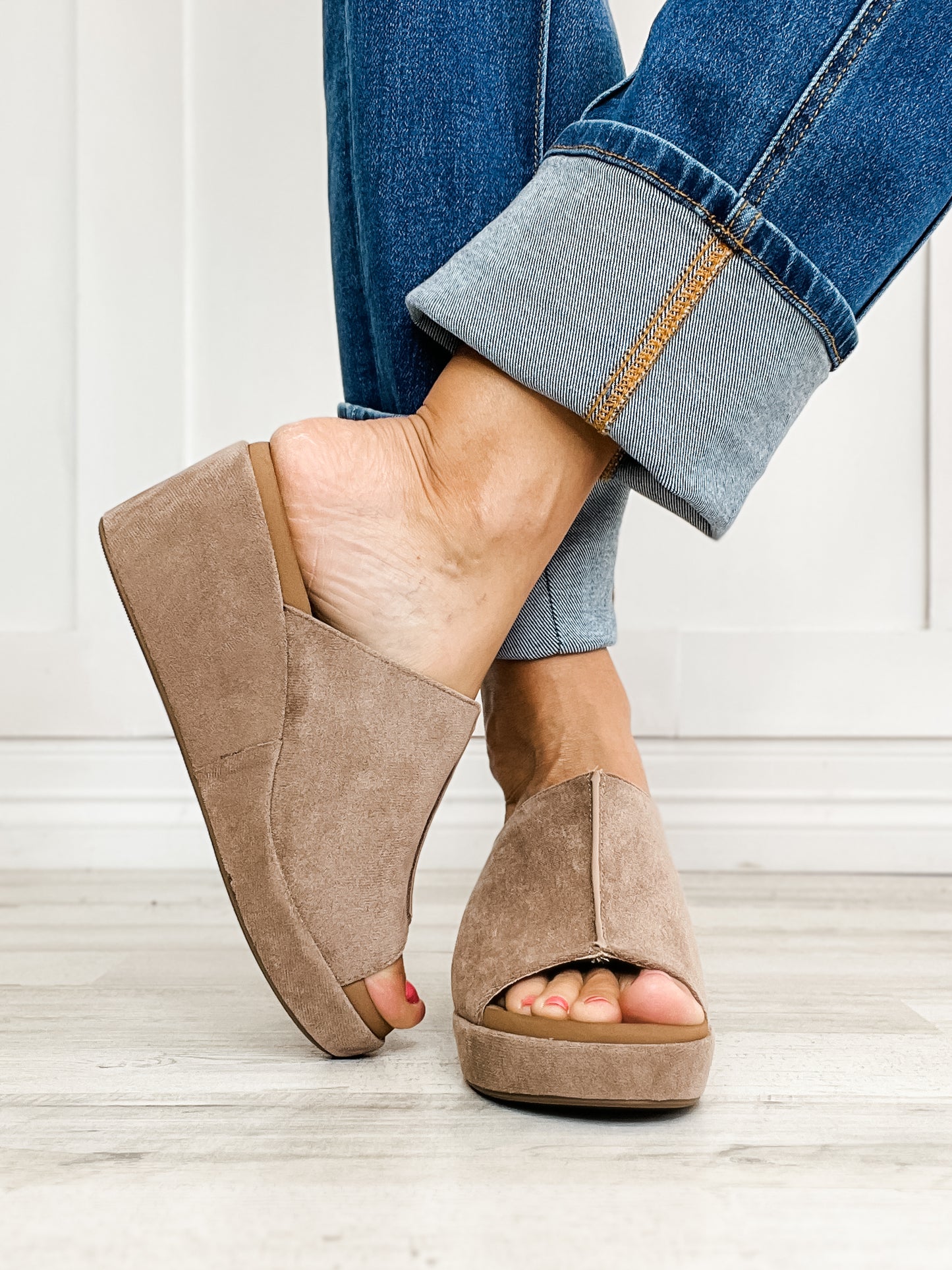 Corkys Here For It Open Toe Wedges in Light Grey Faux Suede