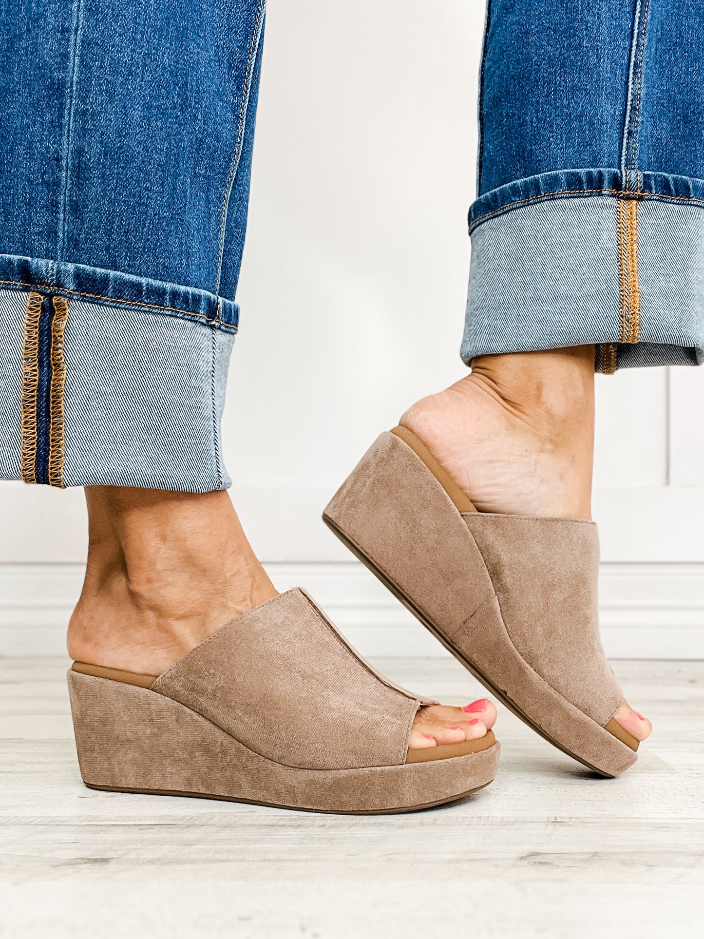 Corkys Here For It Open Toe Wedges in Light Grey Faux Suede