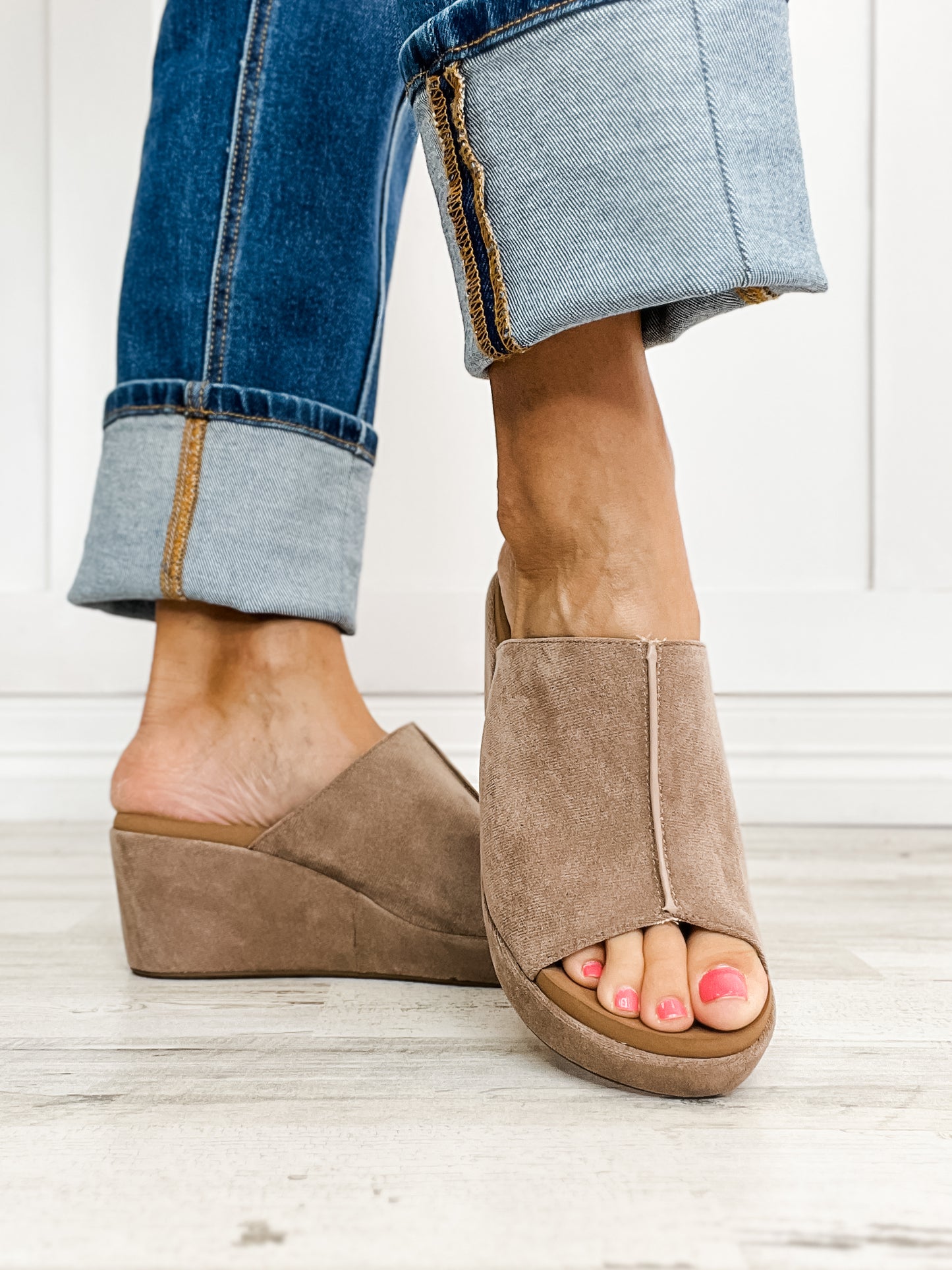 Corkys Here For It Open Toe Wedges in Light Grey Faux Suede