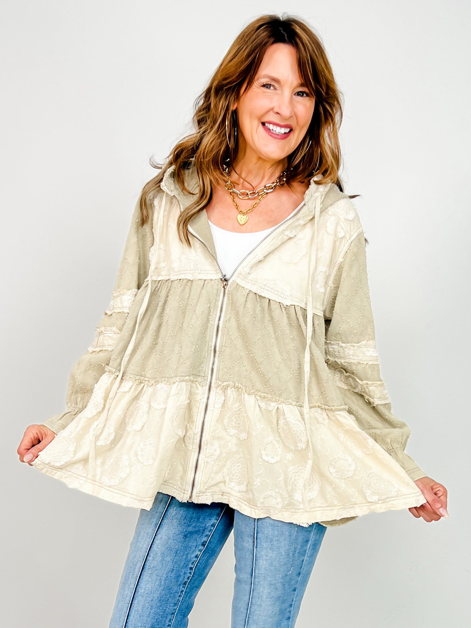 Textured Woven A-Line Zip Up Hooded Top