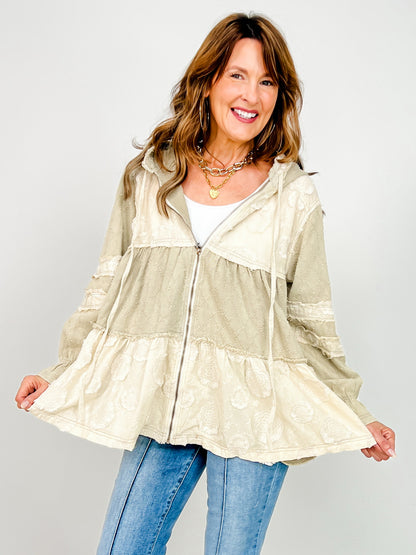 Textured Woven A-Line Zip Up Hooded Top