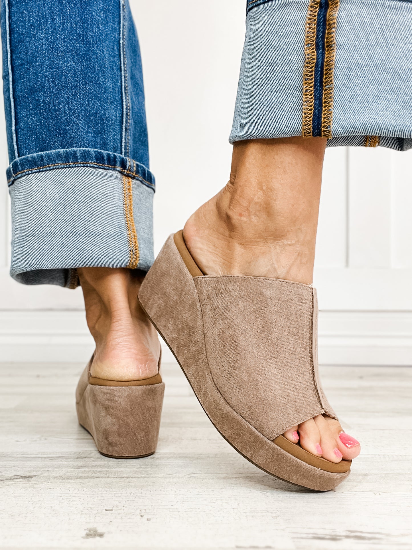 Corkys Here For It Open Toe Wedges in Light Grey Faux Suede