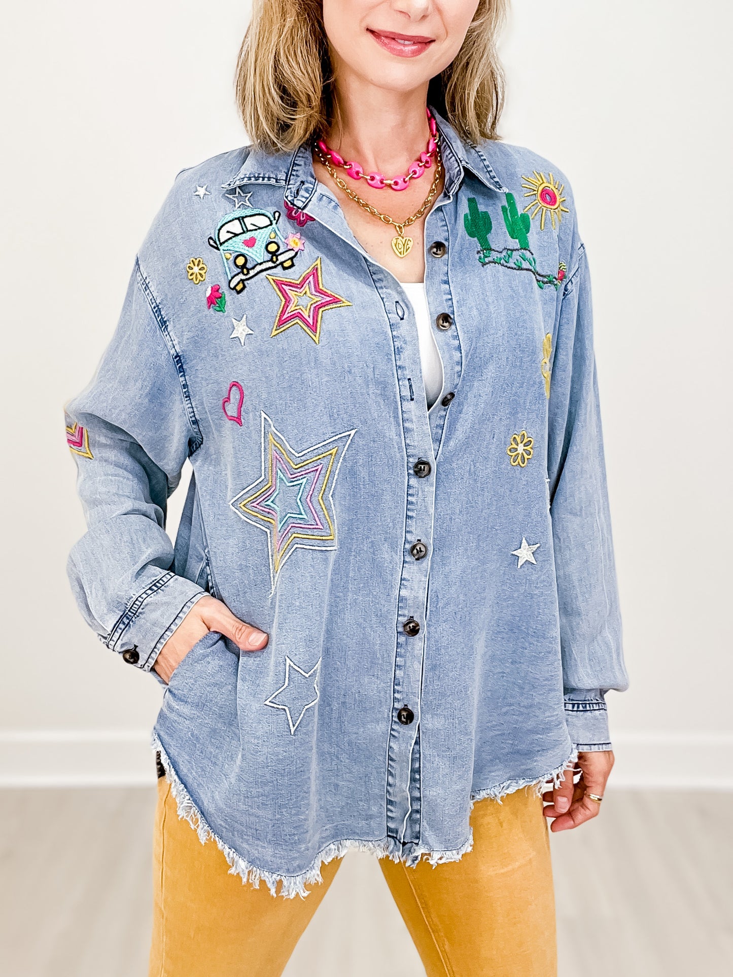 Button Down Collared Top with Embroidery Detail and Frayed Hem