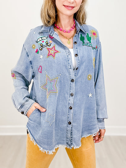 Button Down Collared Top with Embroidery Detail and Frayed Hem