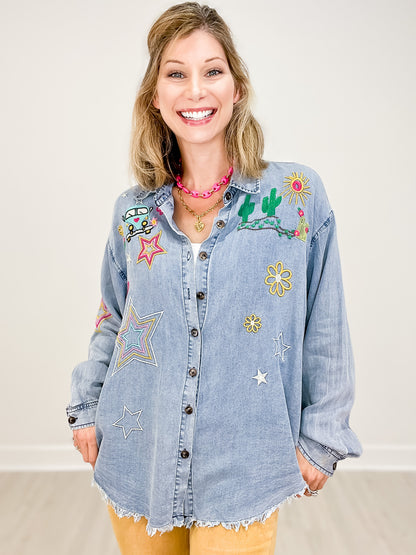 Button Down Collared Top with Embroidery Detail and Frayed Hem