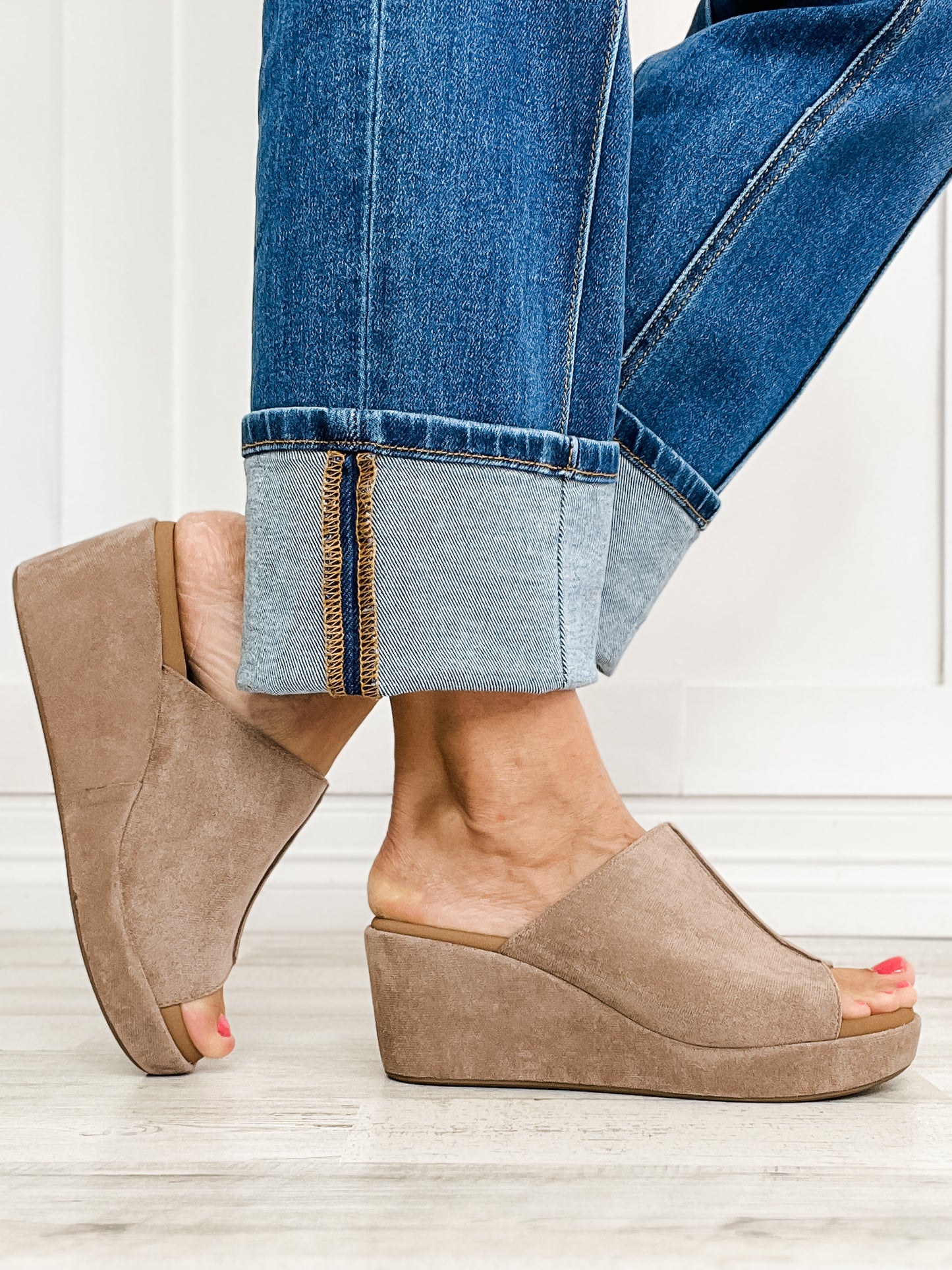 Corkys Here For It Open Toe Wedges in Light Grey Faux Suede