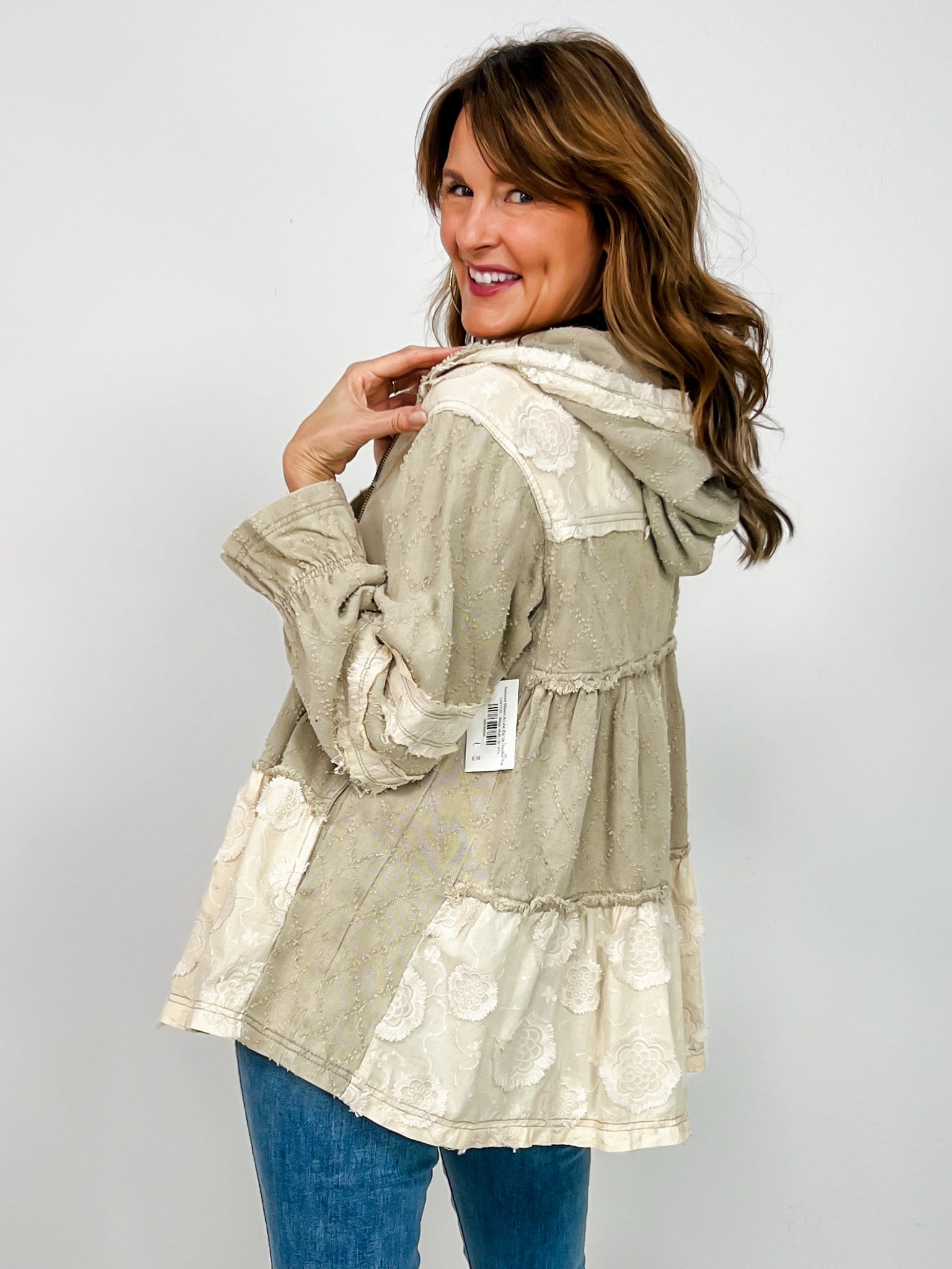 Textured Woven A-Line Zip Up Hooded Top