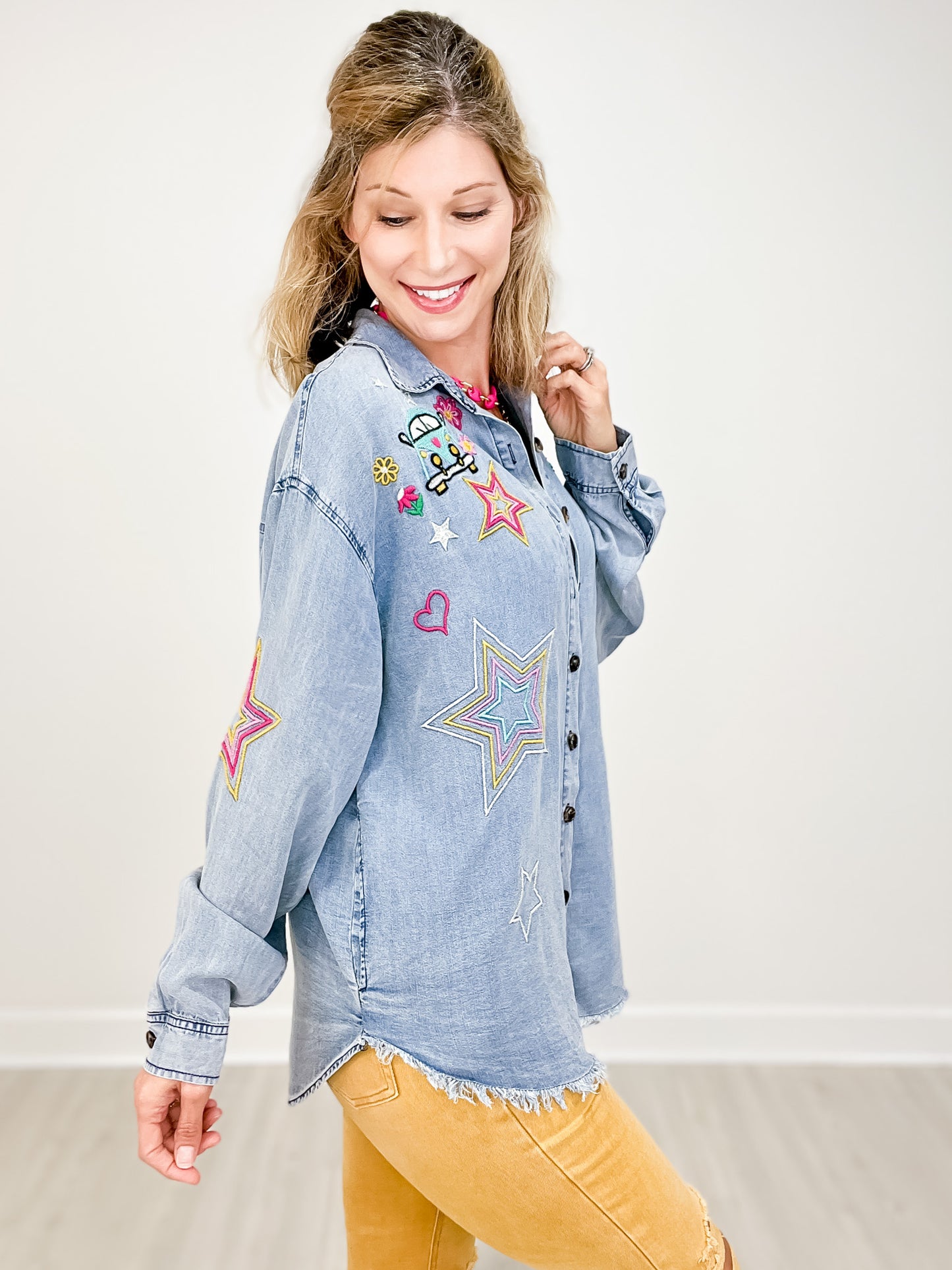 Button Down Collared Top with Embroidery Detail and Frayed Hem