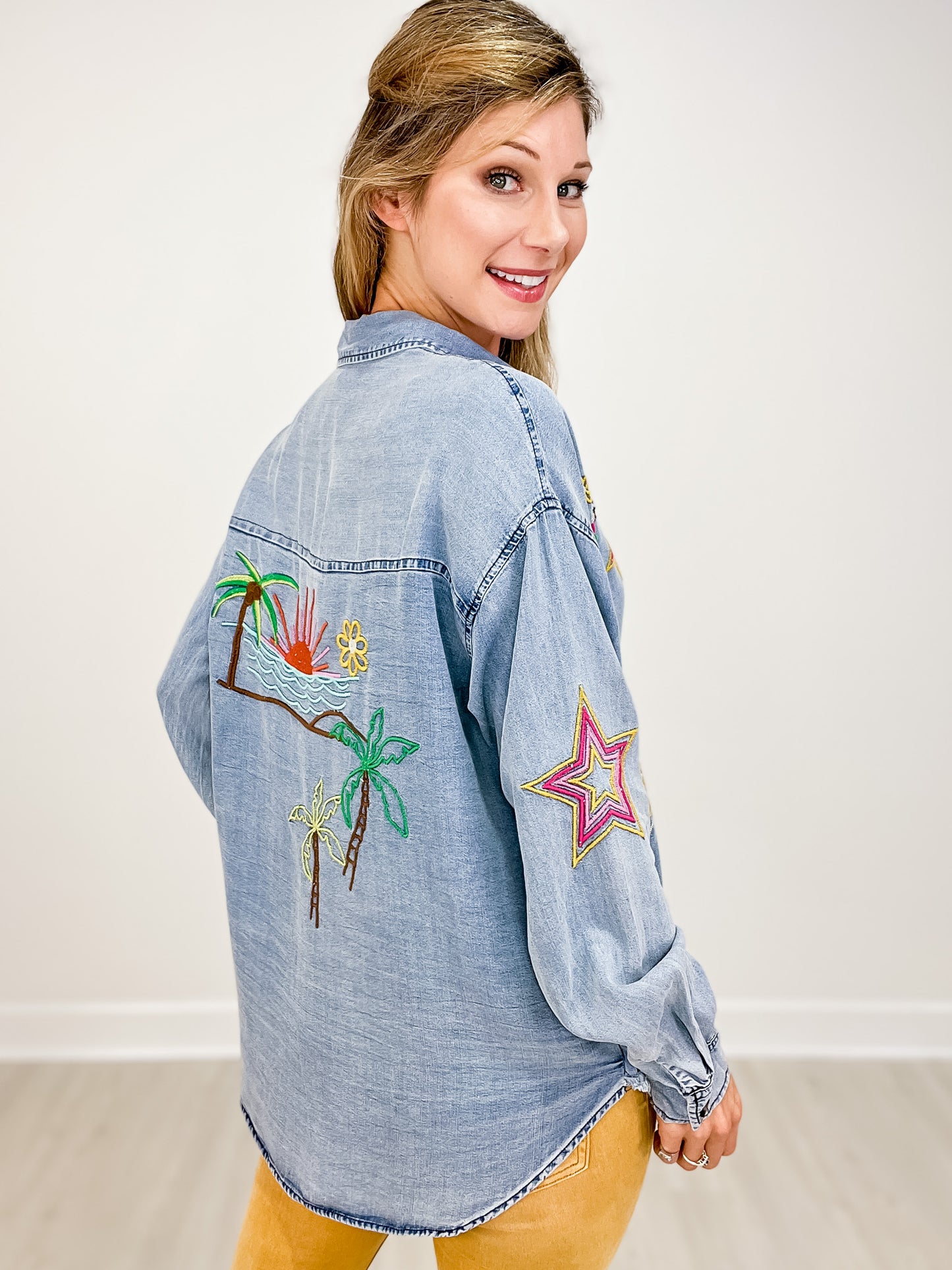 Button Down Collared Top with Embroidery Detail and Frayed Hem