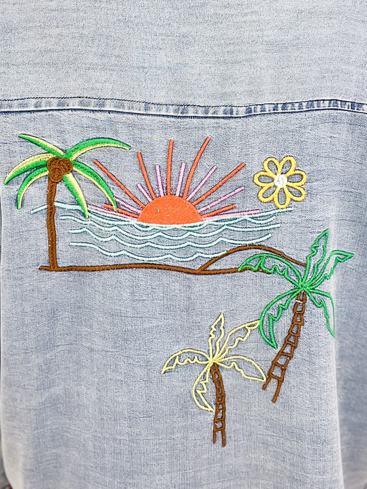 Button Down Collared Top with Embroidery Detail and Frayed Hem