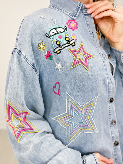 Button Down Collared Top with Embroidery Detail and Frayed Hem