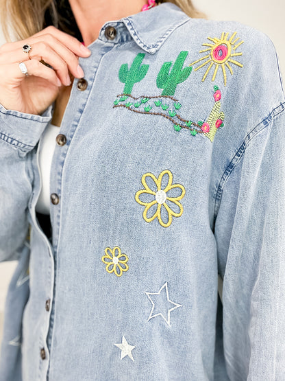 Button Down Collared Top with Embroidery Detail and Frayed Hem