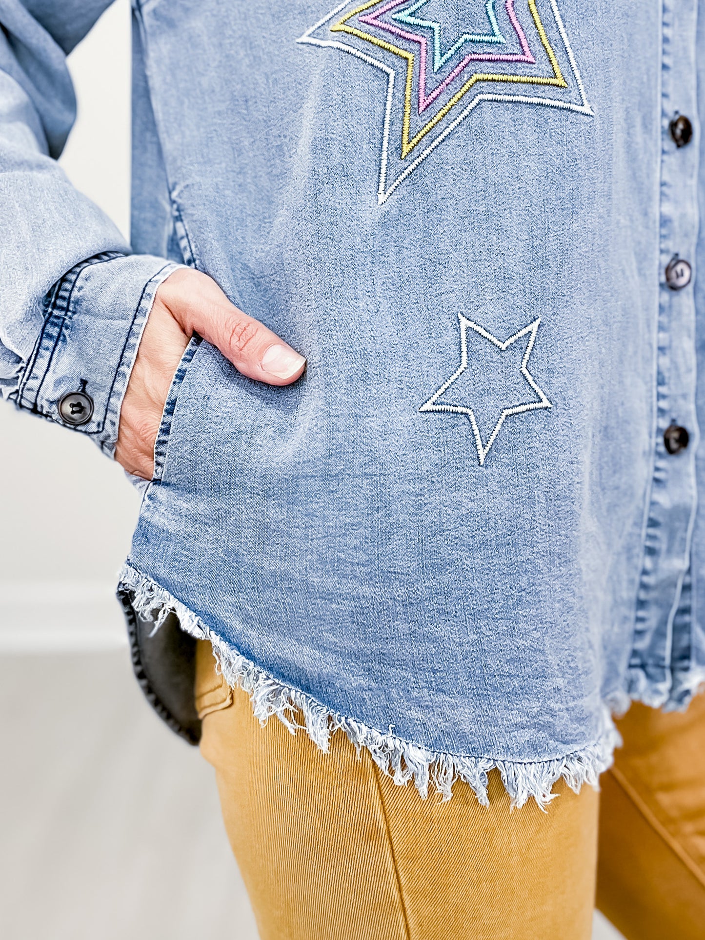 Button Down Collared Top with Embroidery Detail and Frayed Hem