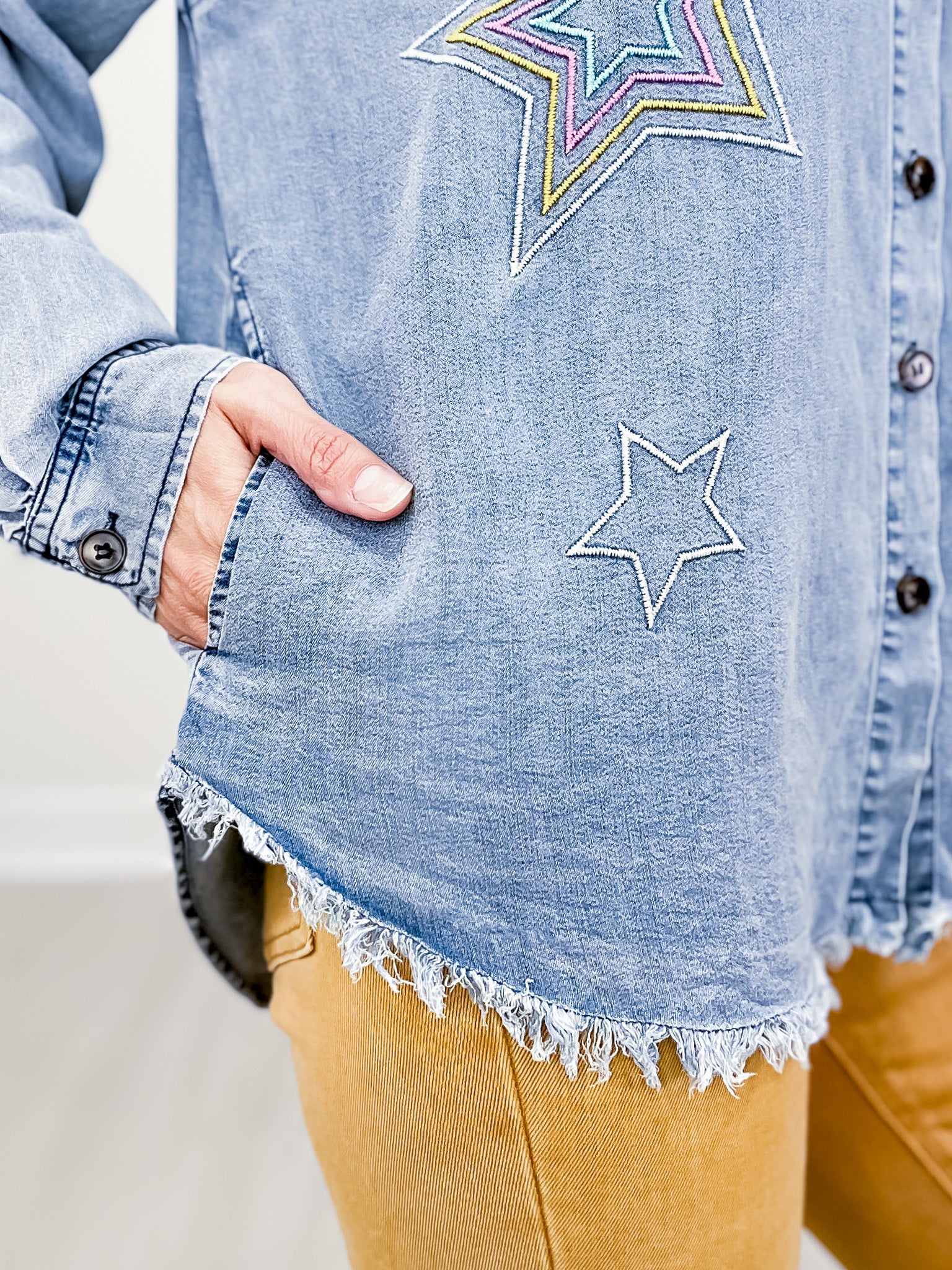 Button Down Collared Top with Embroidery Detail and Frayed Hem