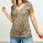 Tan Zebra Print Vintage Wash Short Sleeve V-Neck Top
