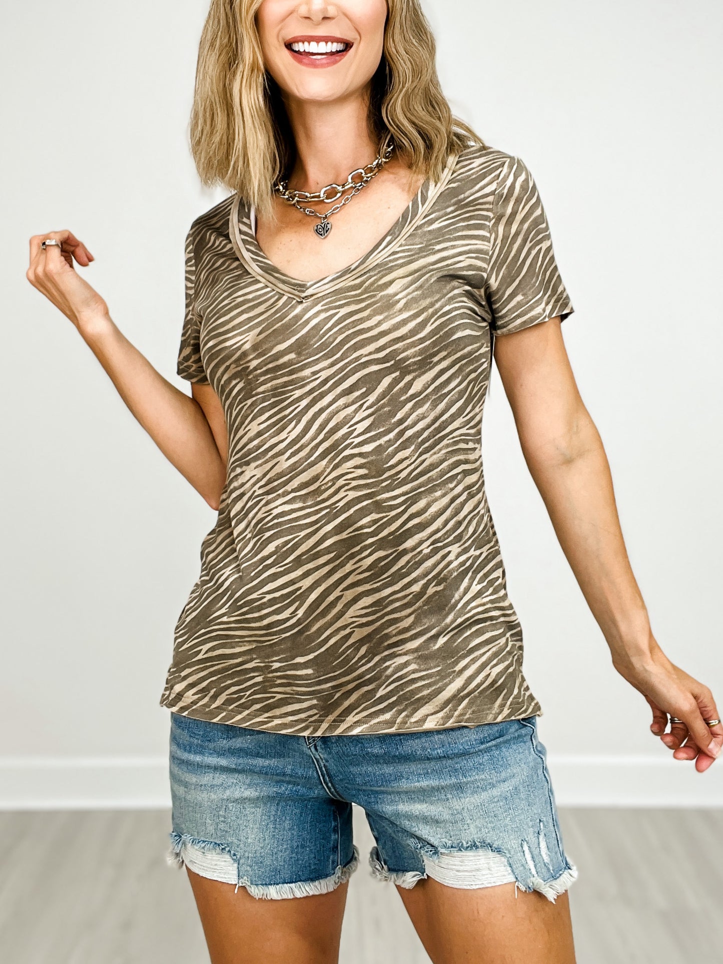 Tan Zebra Print Vintage Wash Short Sleeve V-Neck Top