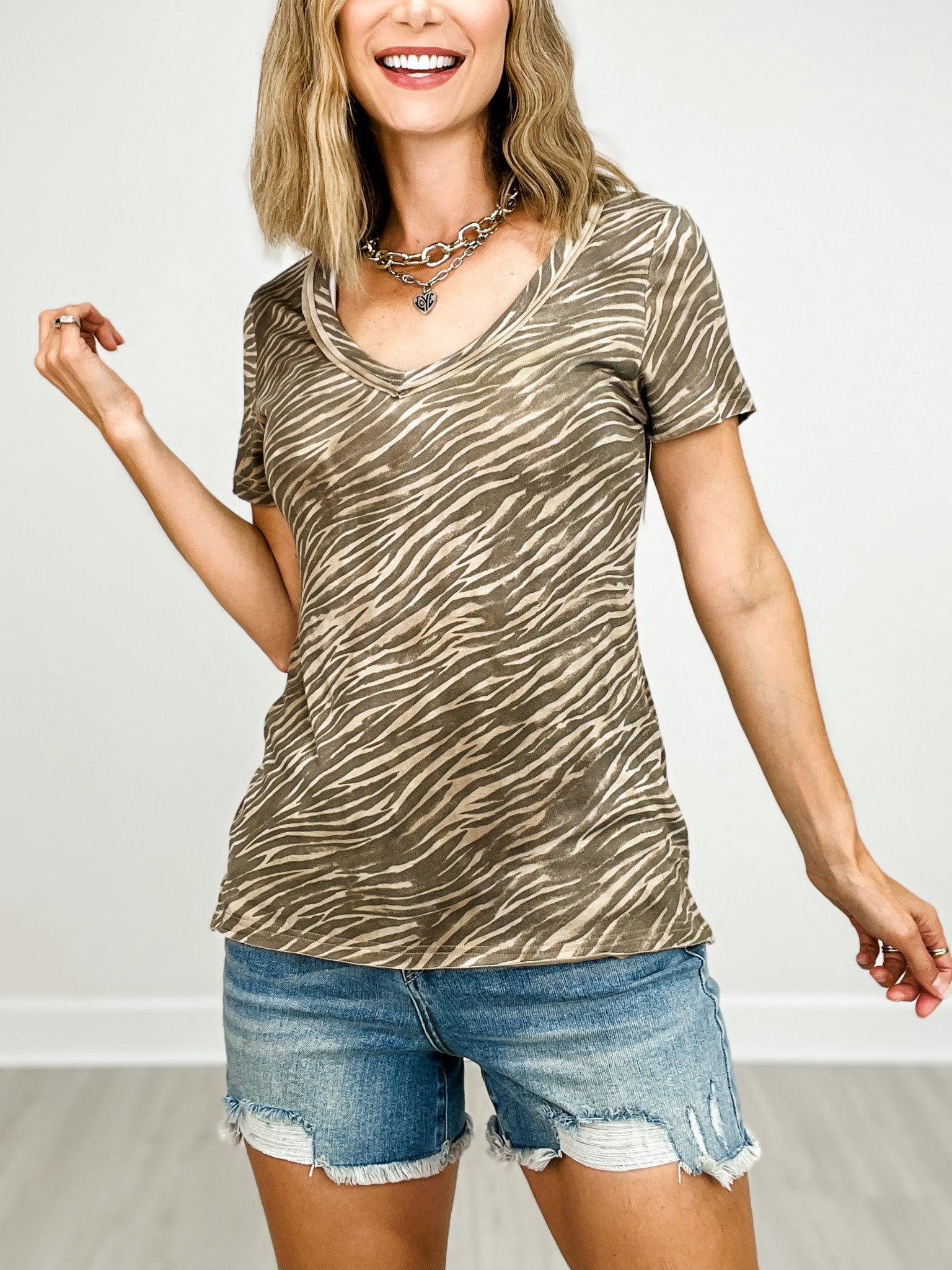 Tan Zebra Print Vintage Wash Short Sleeve V-Neck Top