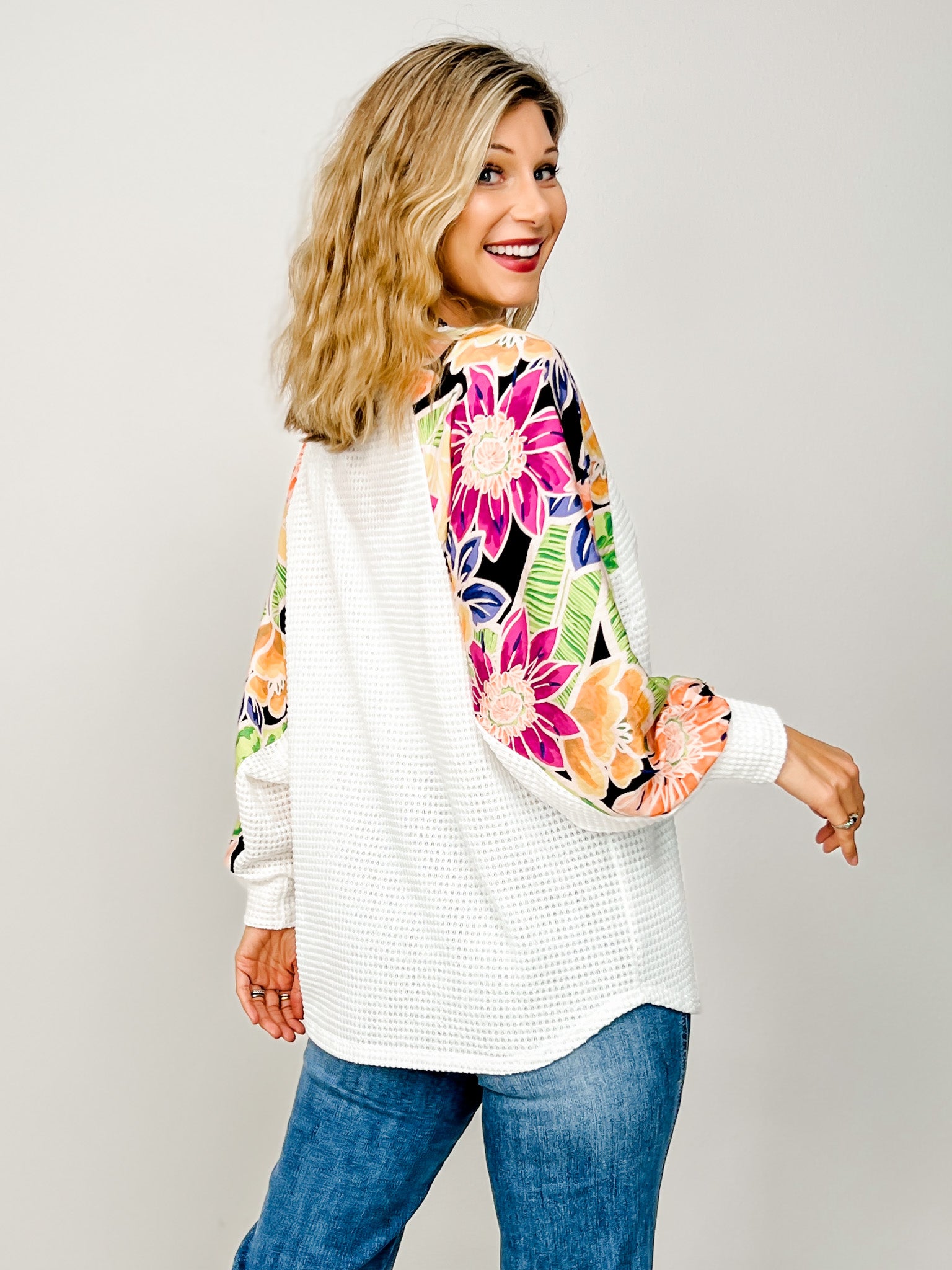 Floral Contrast Loose Fit Long Sleeve Top
