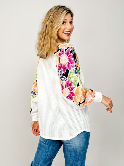 Floral Contrast Loose Fit Long Sleeve Top