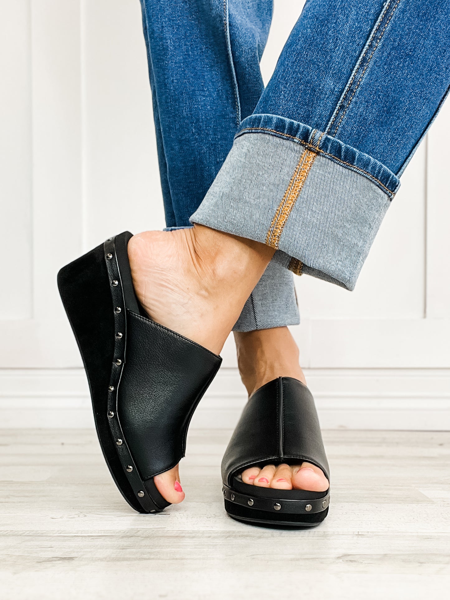 Corkys Hissy Fit Open Toe Cork Wedges in Black Smooth