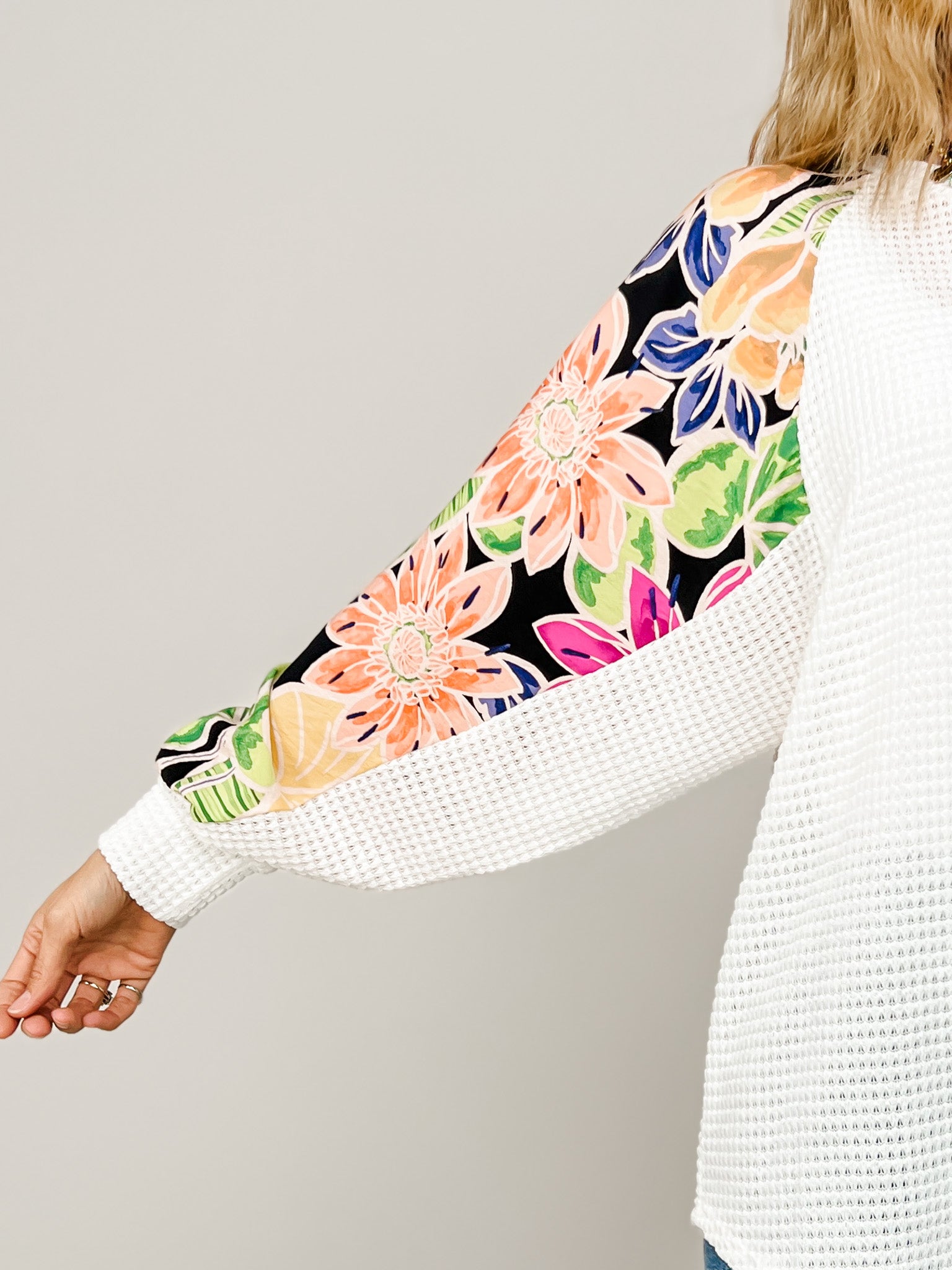 Floral Contrast Loose Fit Long Sleeve Top