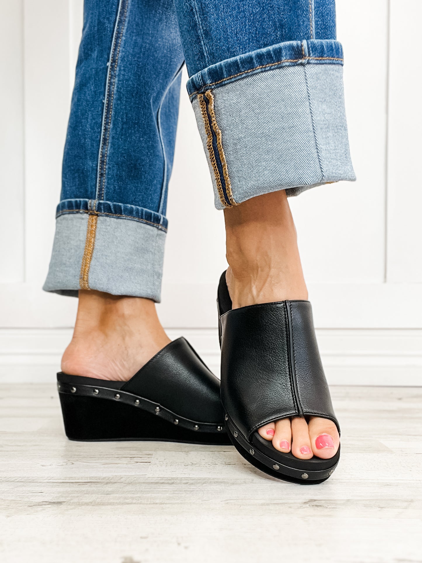 Corkys Hissy Fit Open Toe Cork Wedges in Black Smooth