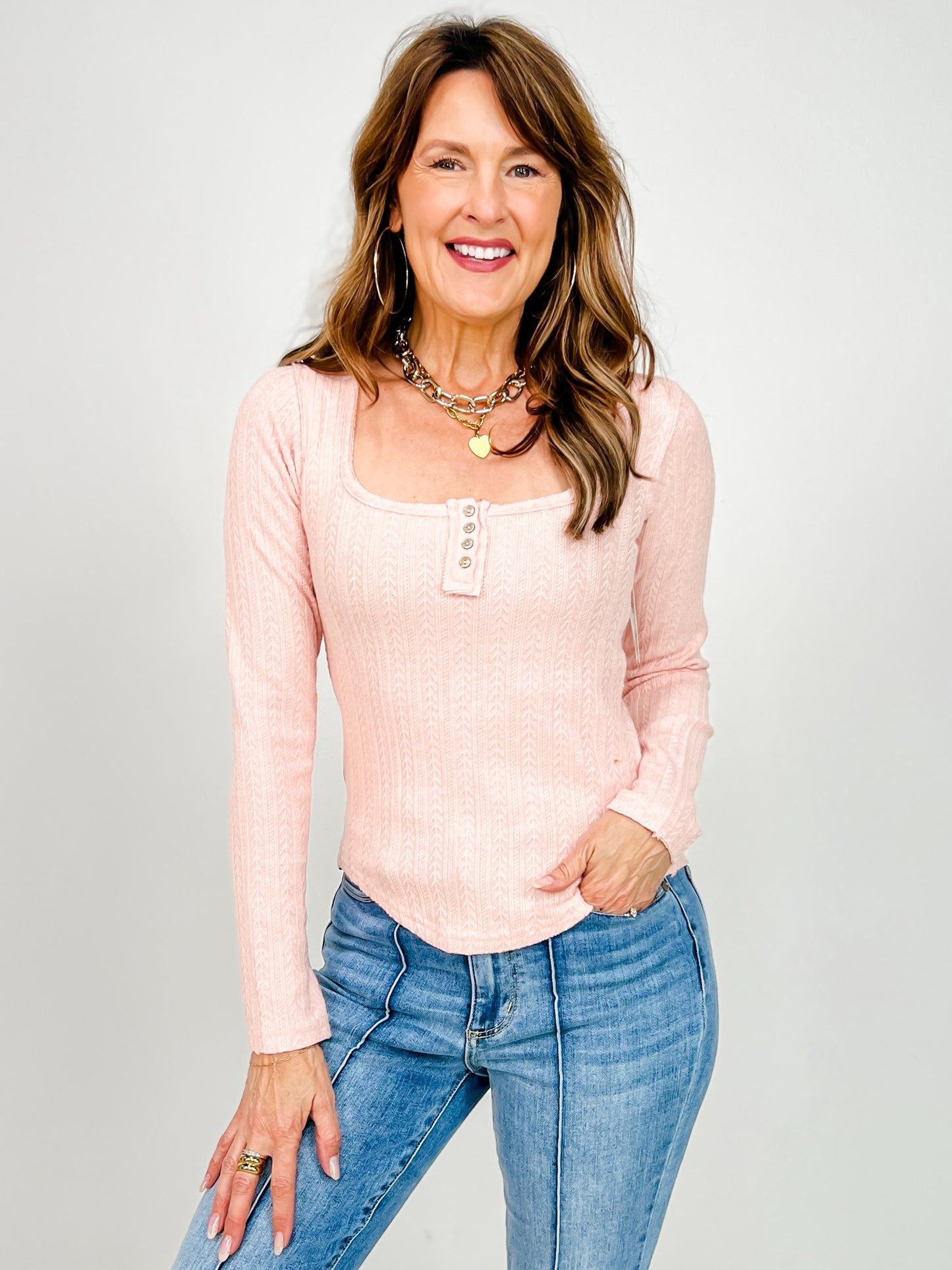 Square Neck Long Sleeve Placket Detail Henley Top