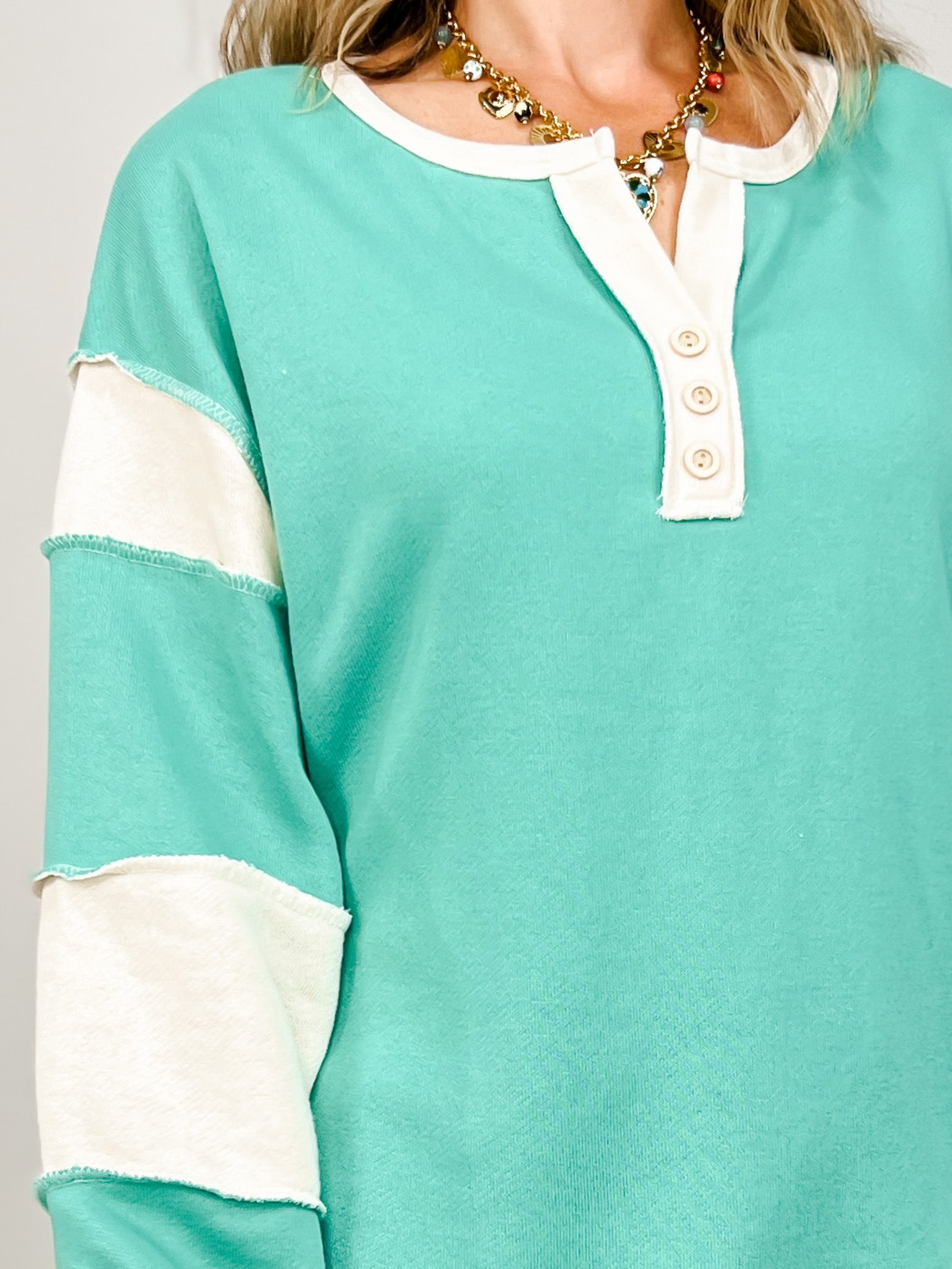 Long Sleeve Color Block Button Front Top