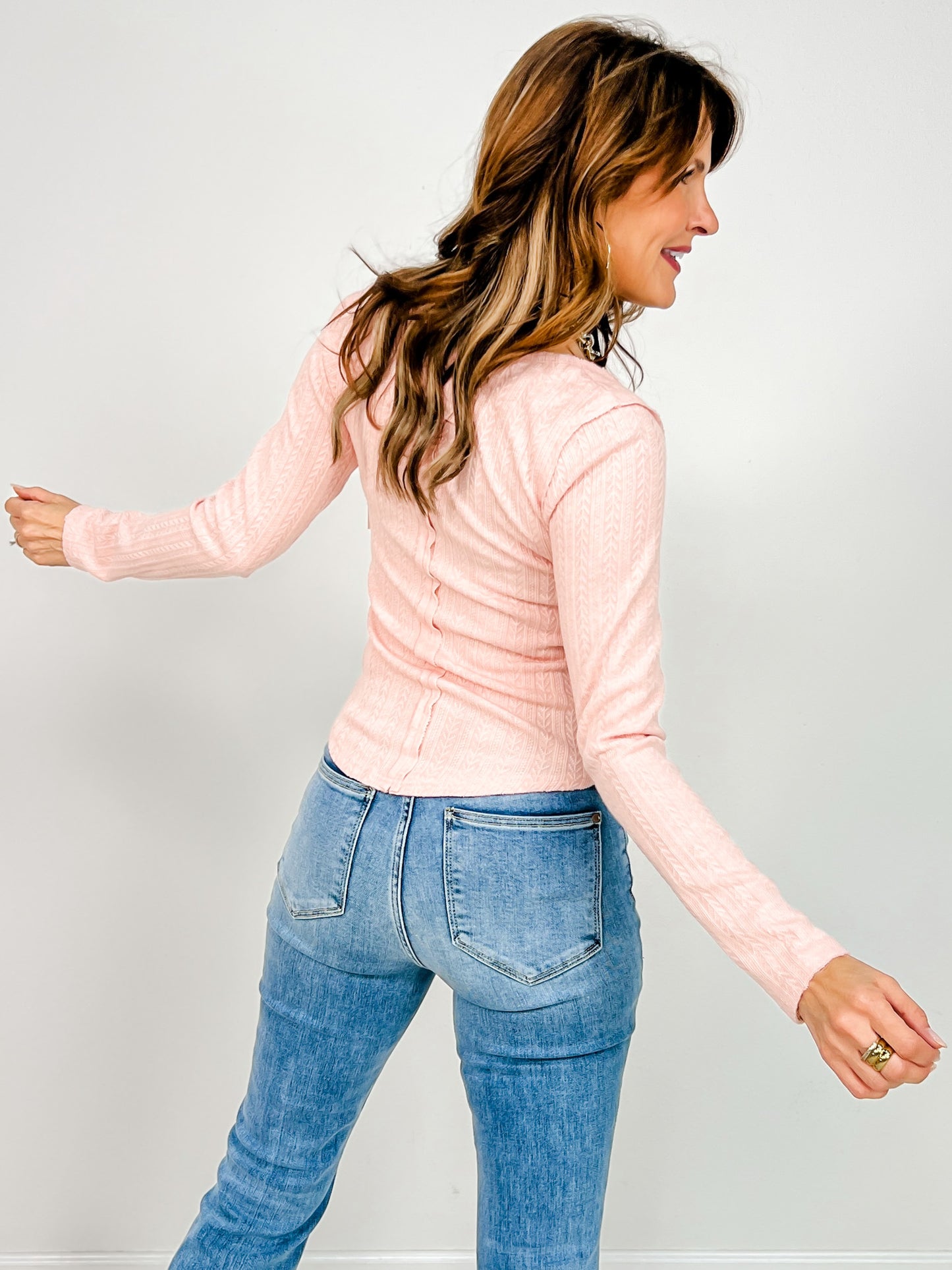 Square Neck Long Sleeve Placket Detail Henley Top