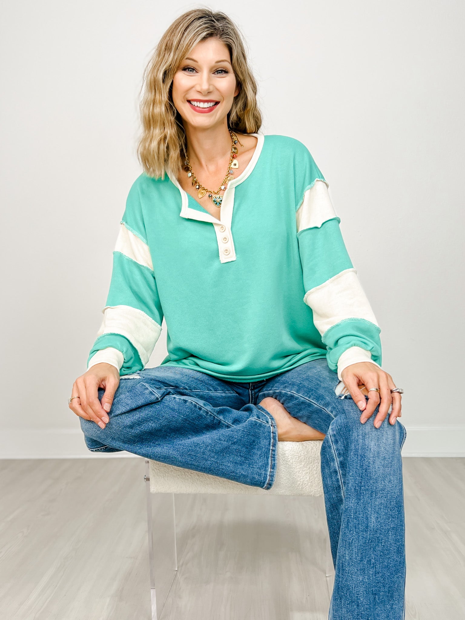 Long Sleeve Color Block Button Front Top
