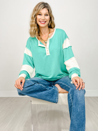 Long Sleeve Color Block Button Front Top