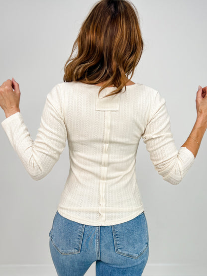 Square Neck Long Sleeve Placket Detail Henley Top