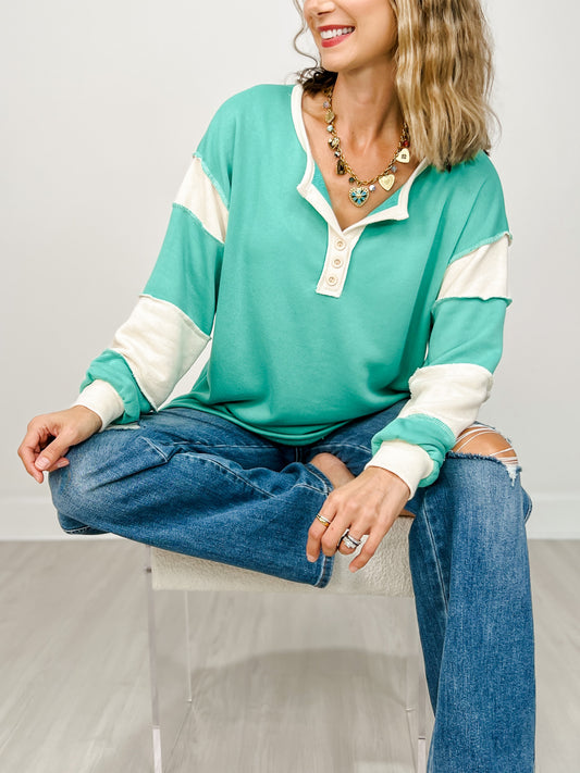 Long Sleeve Color Block Button Front Top