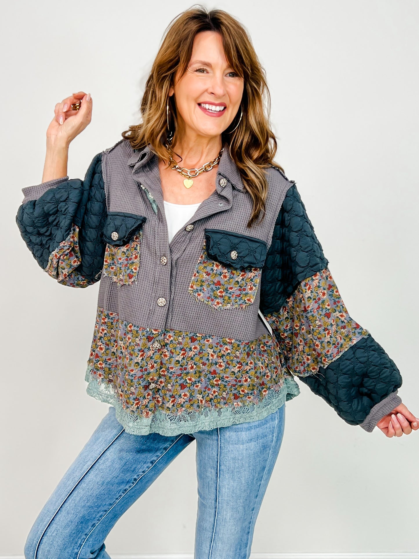 A-Line Thermal with Pearl Detail Floral Pattern Jacket