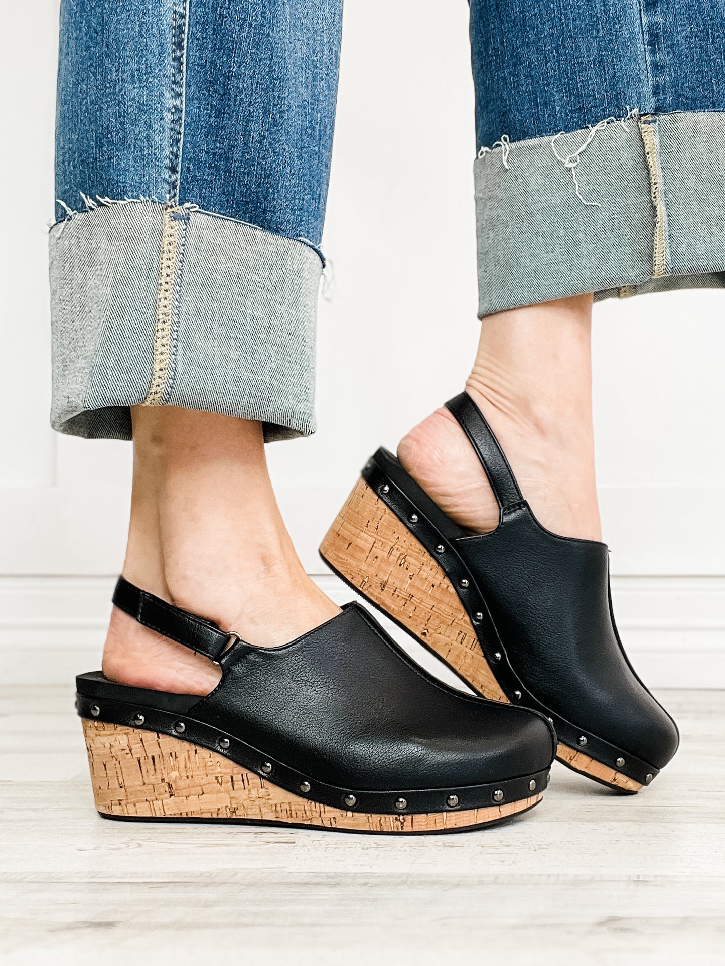 Corkys Make Em Blush Clog Wedges in Black Smooth