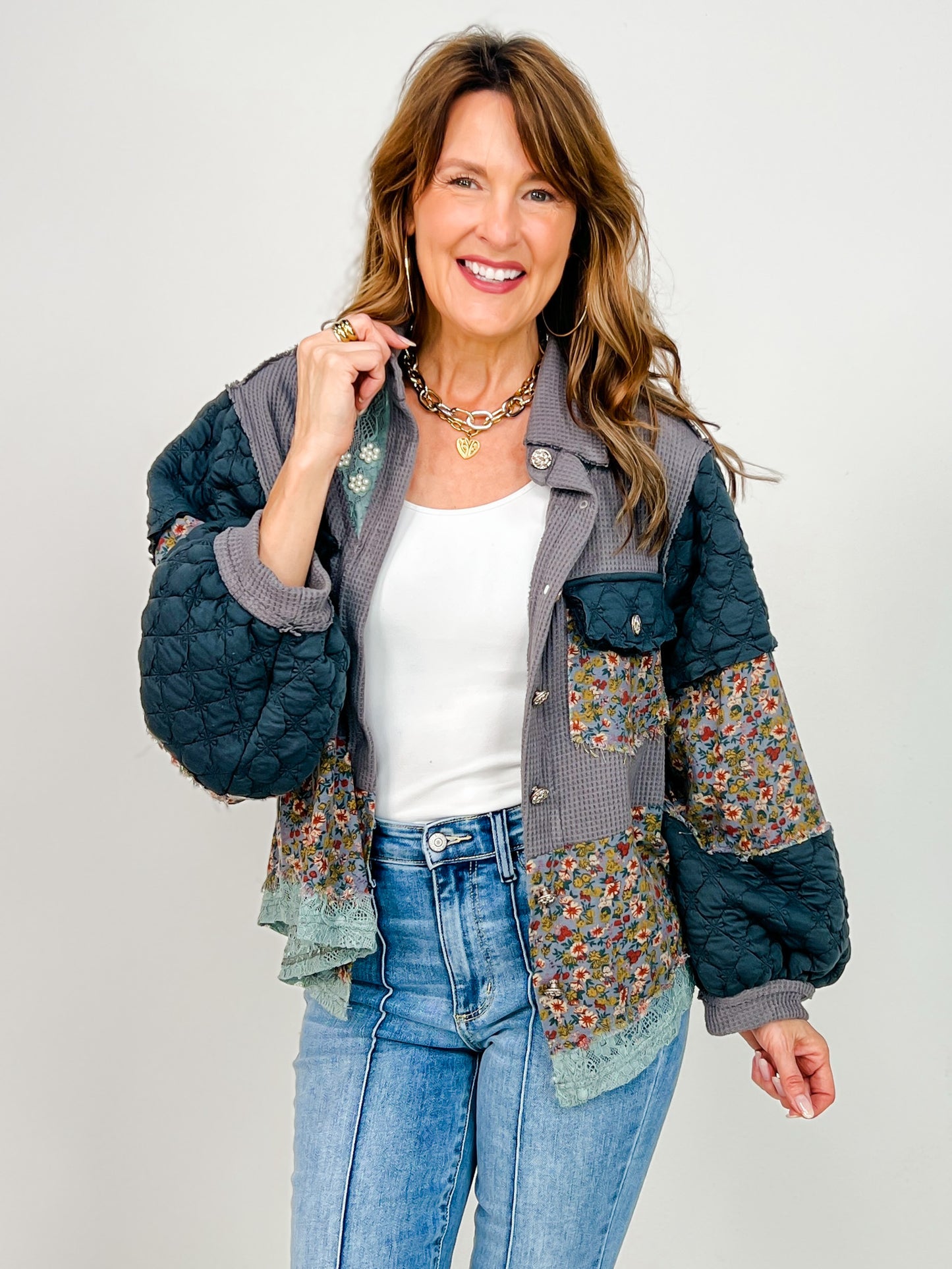 A-Line Thermal with Pearl Detail Floral Pattern Jacket