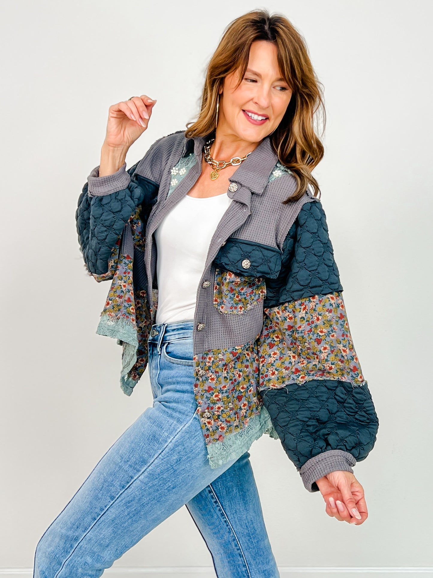 A-Line Thermal with Pearl Detail Floral Pattern Jacket