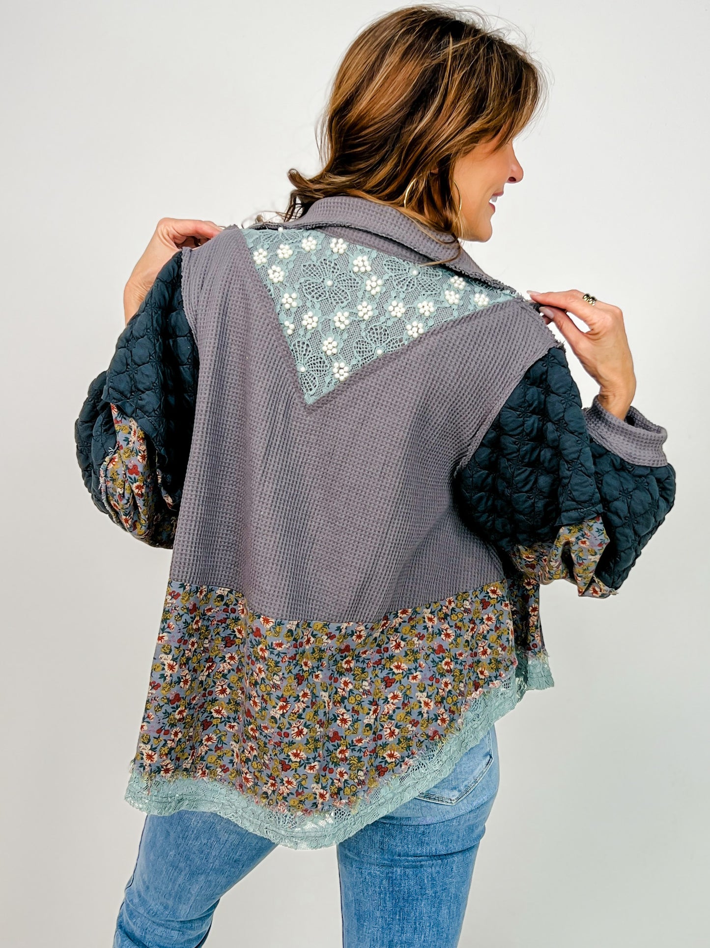 A-Line Thermal with Pearl Detail Floral Pattern Jacket