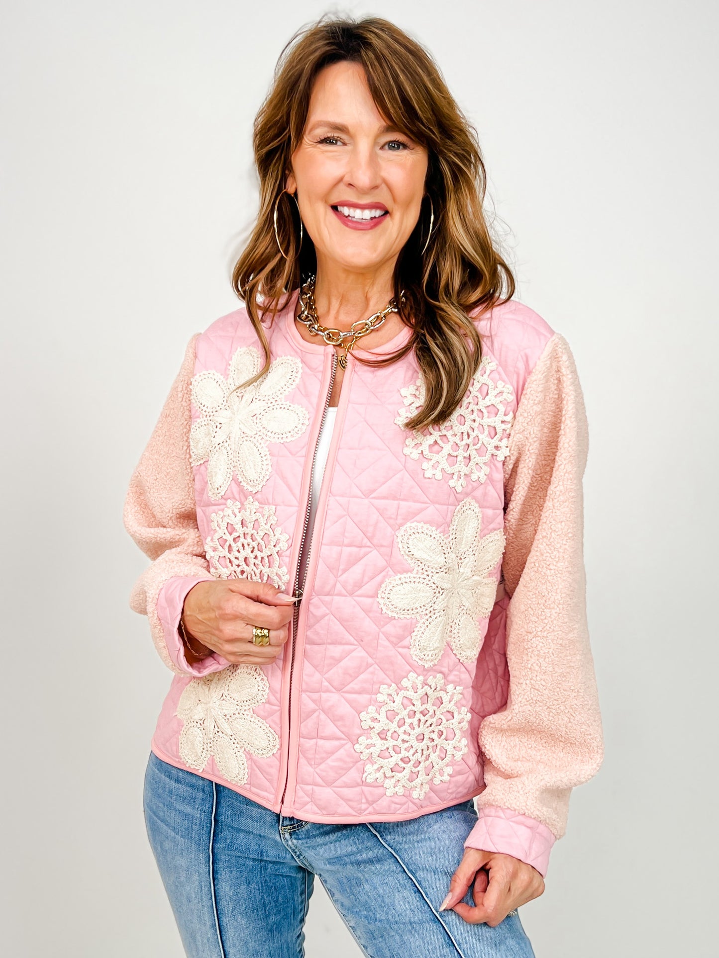 Quilted Zip-Up Jacket with Crochet Appliques