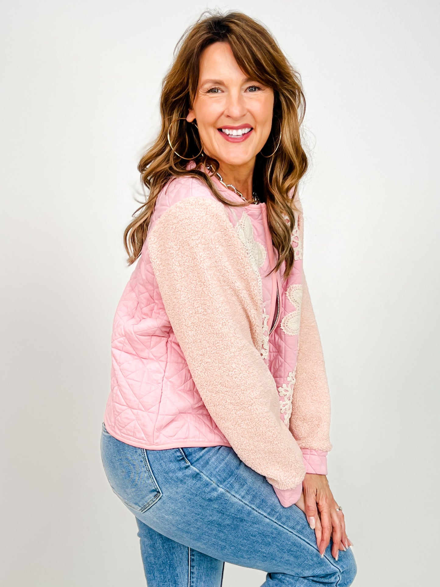 Quilted Zip-Up Jacket with Crochet Appliques