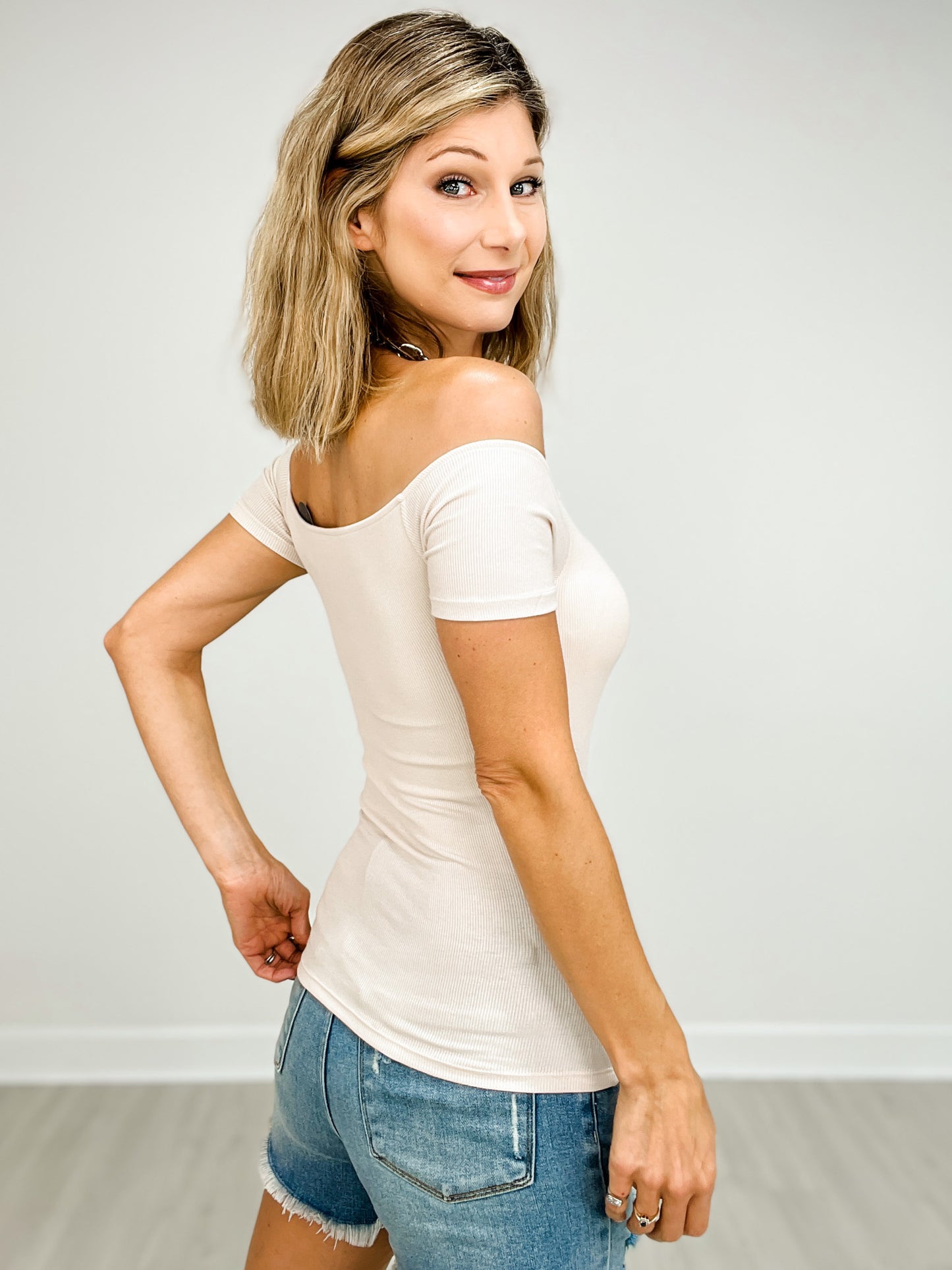 Ribbed Off The Shoulder Braless Short Sleeve