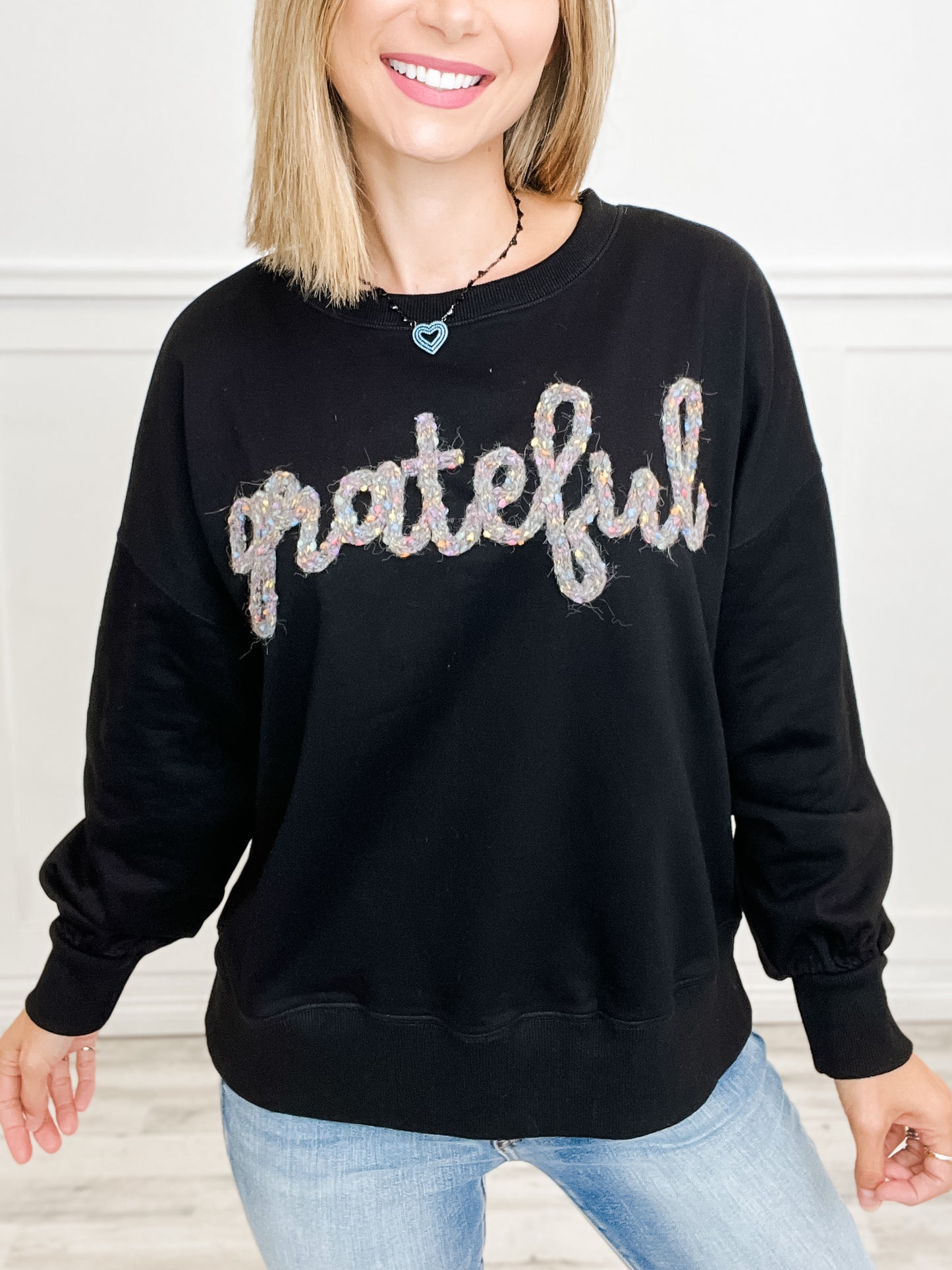 Grateful' Pom-Pom Thread Embroidery Oversized Sweatshirt