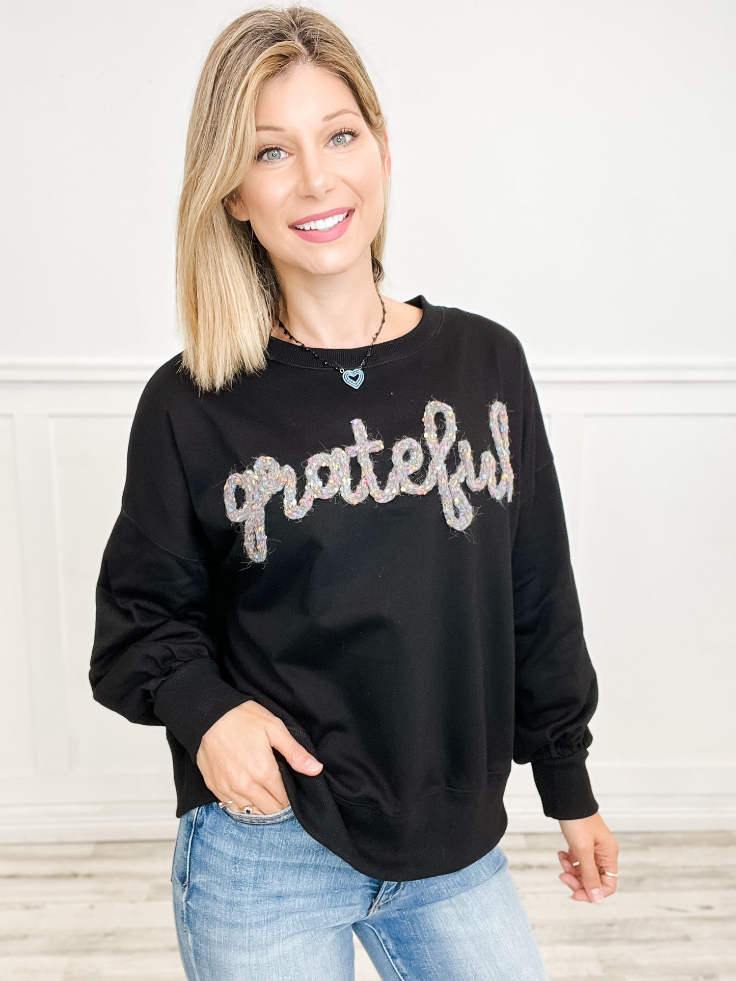 Grateful' Pom-Pom Thread Embroidery Oversized Sweatshirt