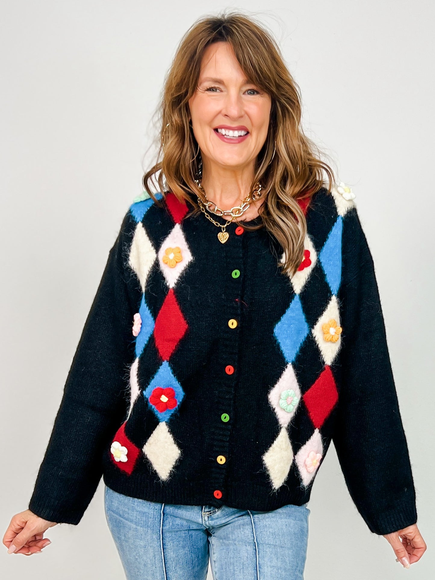 Pointed Diamond Pattern Cardigan Top with Colorful Buttons