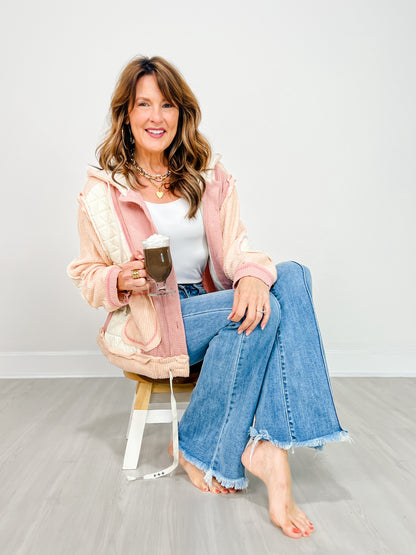 Fabric Mix Button Front Hooded Jacket