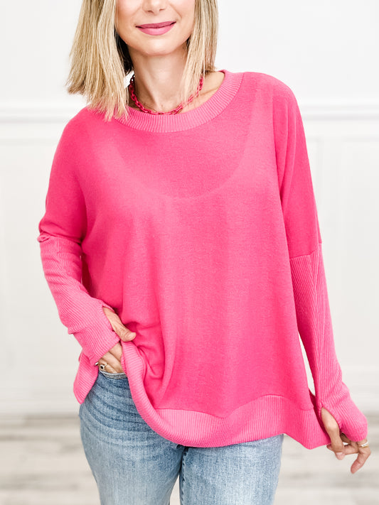 Get Lucky Hi-Lo Long Sleeve Ribbed Knit Top