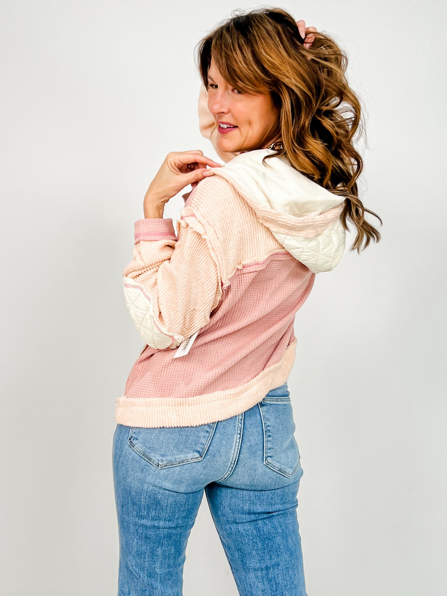 Fabric Mix Button Front Hooded Jacket