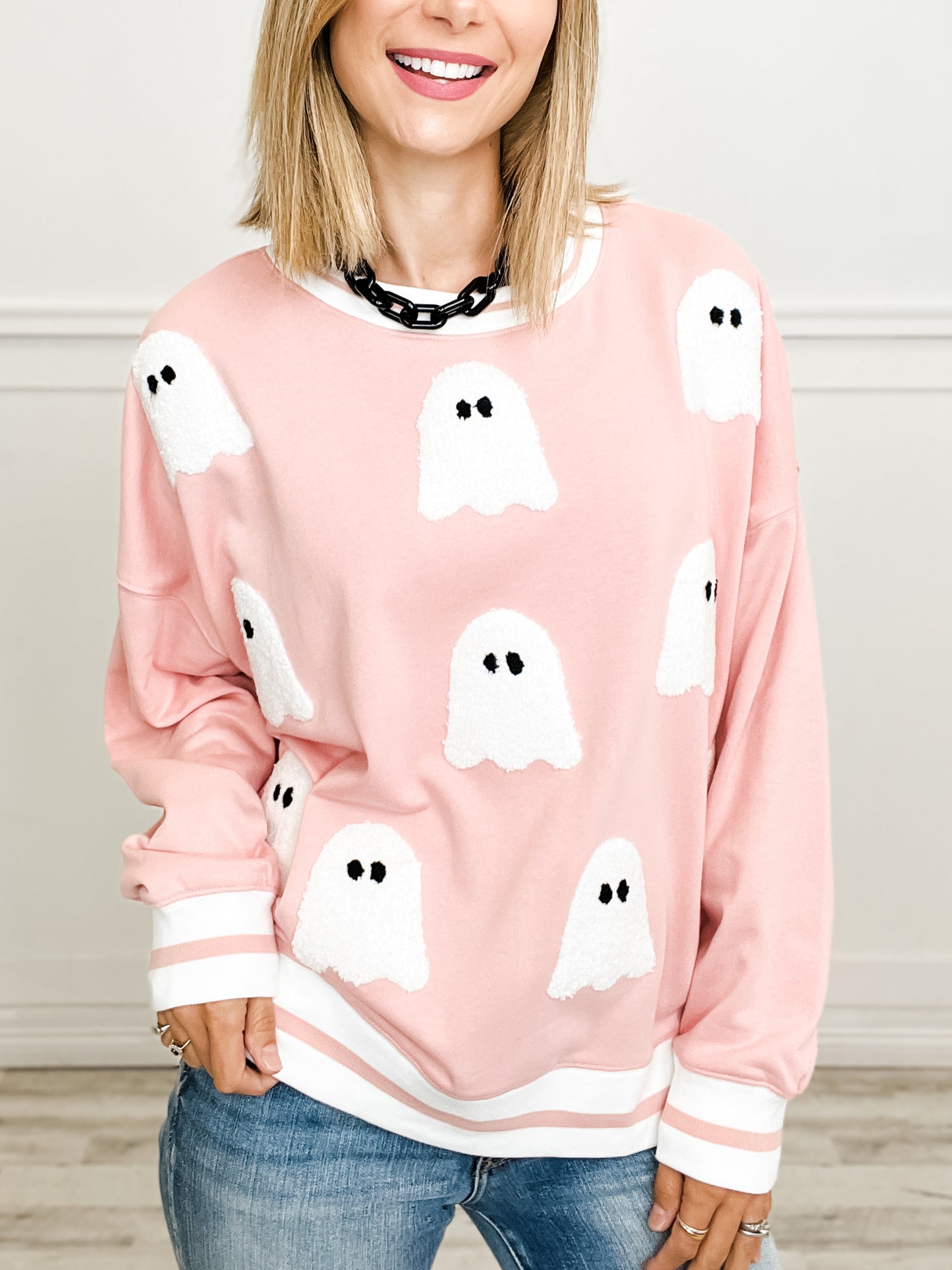 Boo Towel Embroidery Stripe Rib Band Sweatshirt