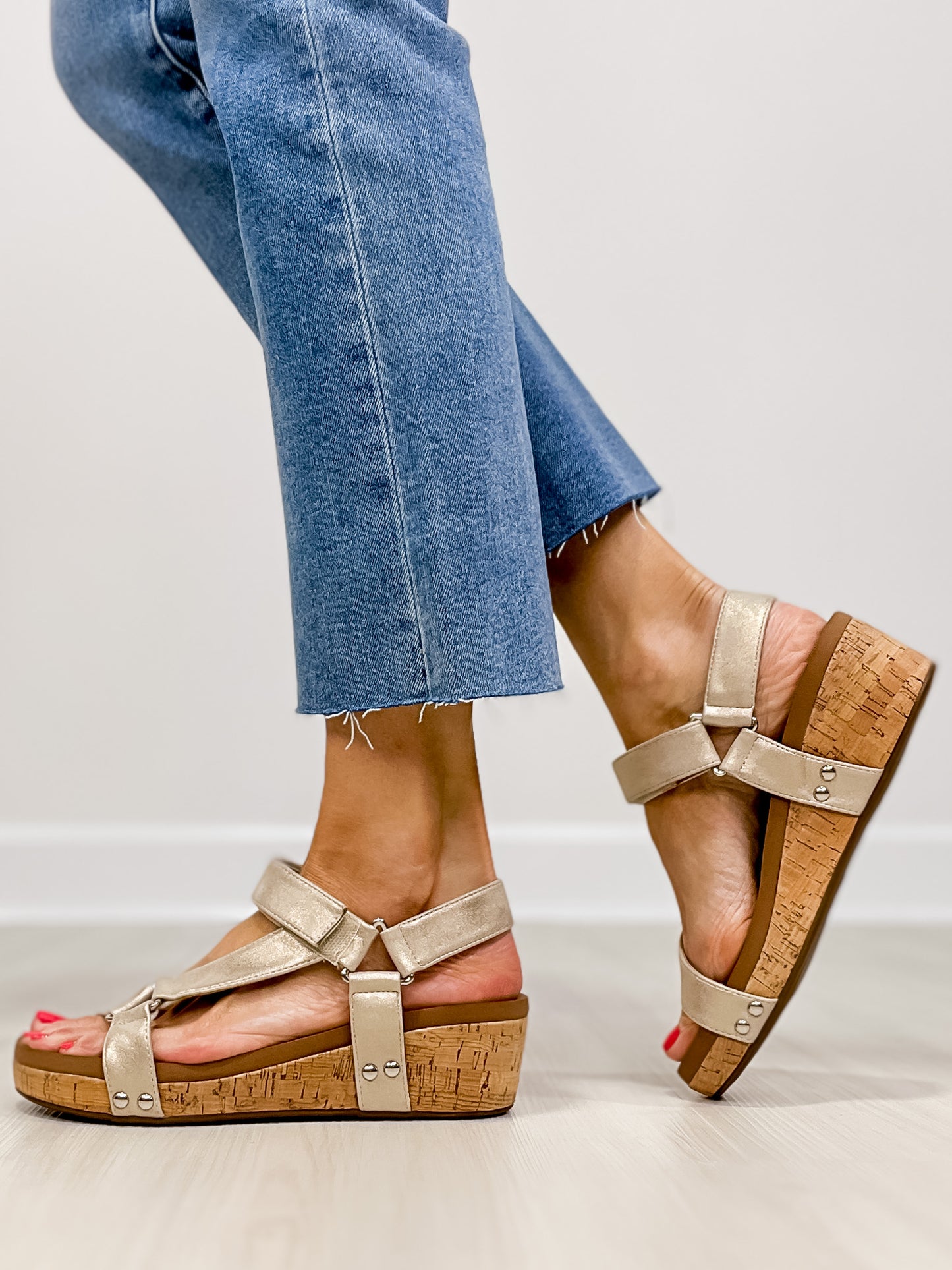 Corkys Don't Tempt Me Wedges in GOLD WASH METALLIC